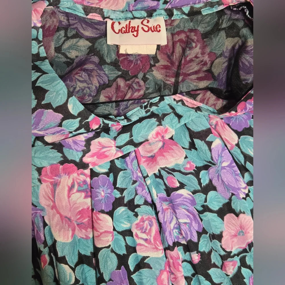 Cathy Sue Vintage Floral Cottagecore Peasant Dress with Ruffled Collar - Size 12 - Picture 6 of 8
